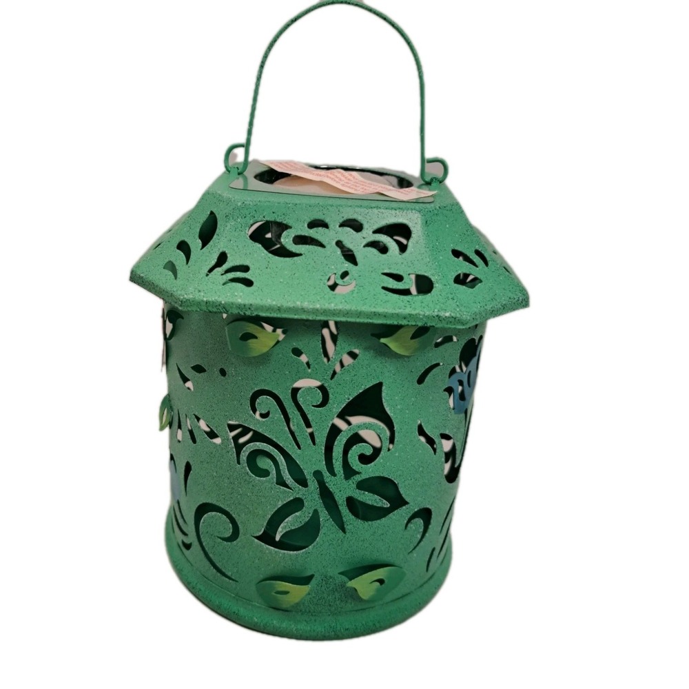 AVON 2001 BUTTERFLY GARDEN PIERCED TIN LANTERN GREEN W/TEALIGHT 5.5" H NEW